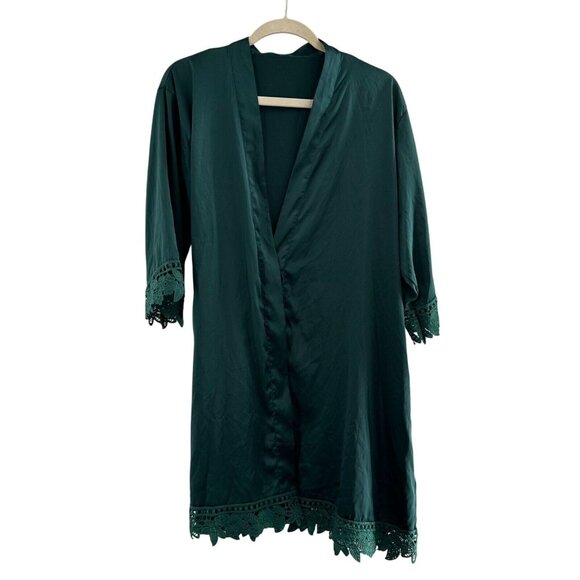 Emerald Green Kimono Cardigan Robe Lace Trim Open Front Lightweight One Size - Picture 8 of 8